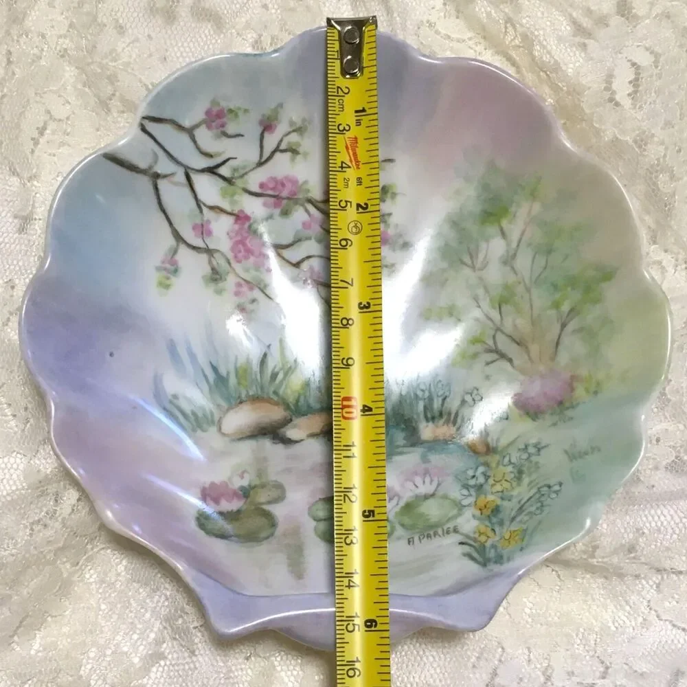 Vintage Trinket Dish Hand Painted Shell Shape Foral Spring Pond Spring Decor